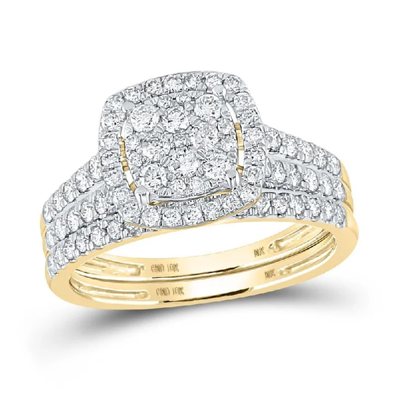 10kt Yellow Gold Round Diamond Halo Bridal Wedding Ring Band Set 1 Cttw