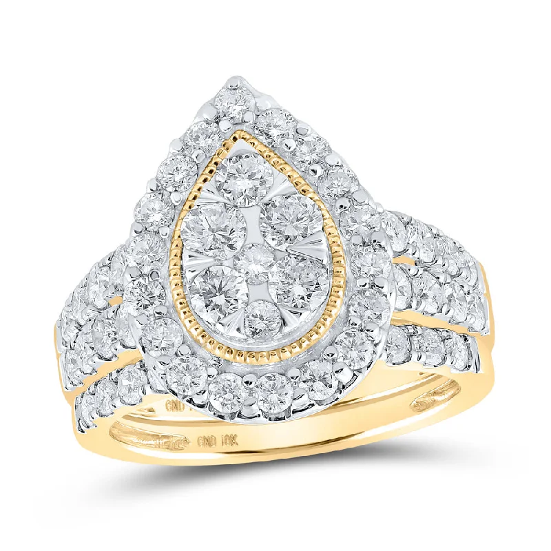 10kt Yellow Gold Round Diamond Teardrop Bridal Wedding Ring Band Set 2 Cttw