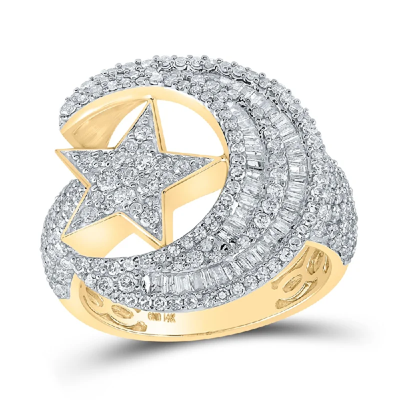 14kt Yellow Gold Mens Baguette Diamond Moon Star Ring 2-1/3 Cttw