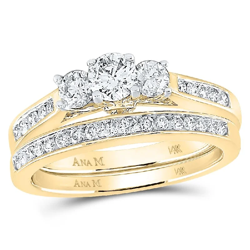 14kt Yellow Gold Round Diamond Bridal 3-Stone Wedding Engagement Ring Band Set 1 Cttw