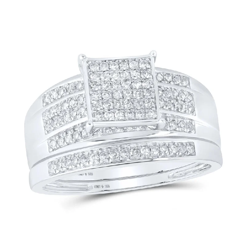 Sterling Silver Round Diamond Square Bridal Wedding Ring Band Set 3/8 Cttw