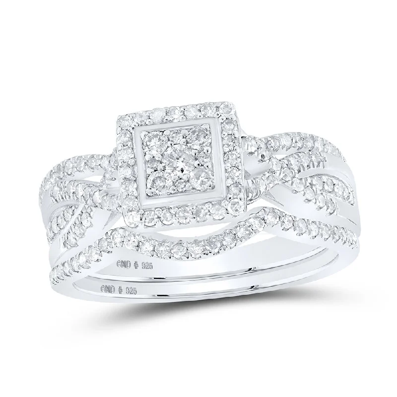 Sterling Silver Round Diamond Square Bridal Wedding Ring Band Set 5/8 Cttw