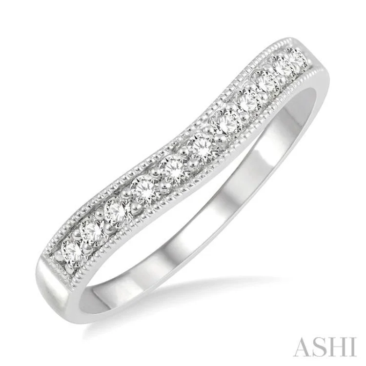 1/4 ctw Curved Center Milgrain Border Round Cut Diamond Wedding Band in 14K White Gold