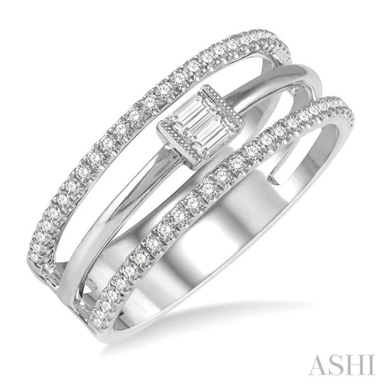 1/3 ctw Three Row Layered Baguette & Round  Diamond Fashion Ring in 14K White Gold