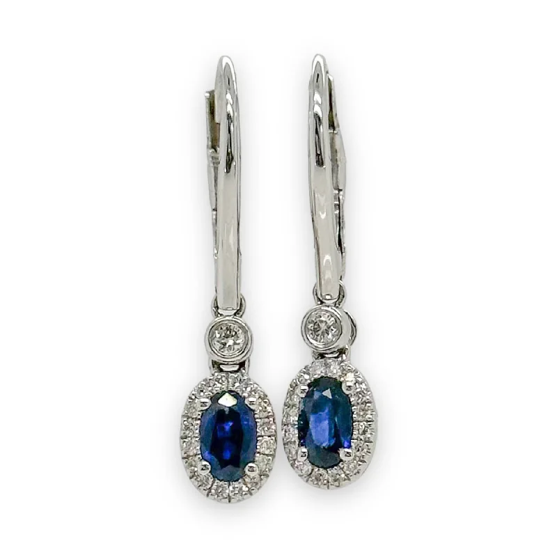 14K W Gold 0.70ctw Sapphire and 0.15ctw Diamond Drop Earrings