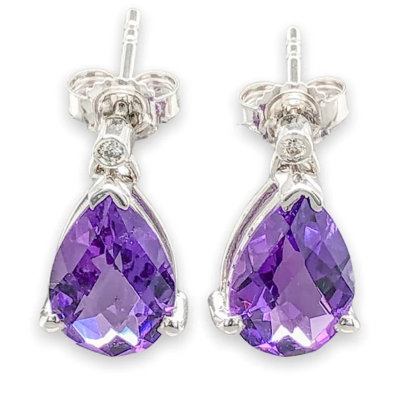 14K W Gold 2.80cttw Amethyst & 0.02ct Diamond Drop Earrings