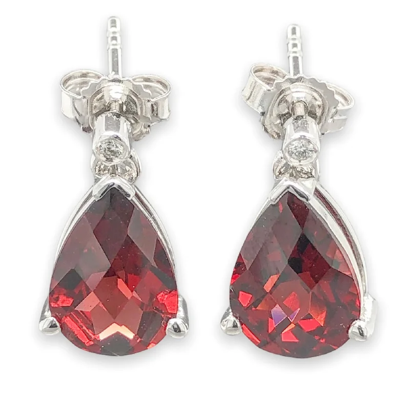 14K W Gold 5.1cttw Garnet & 0.02cttw H/SI2 Diamond Drop Earrings