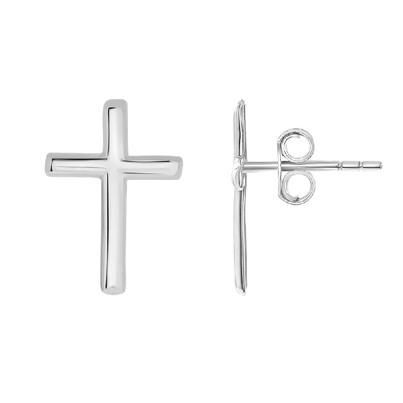 14k White Gold Classic Religious Plain Cross Stud Earrings with Friction Back