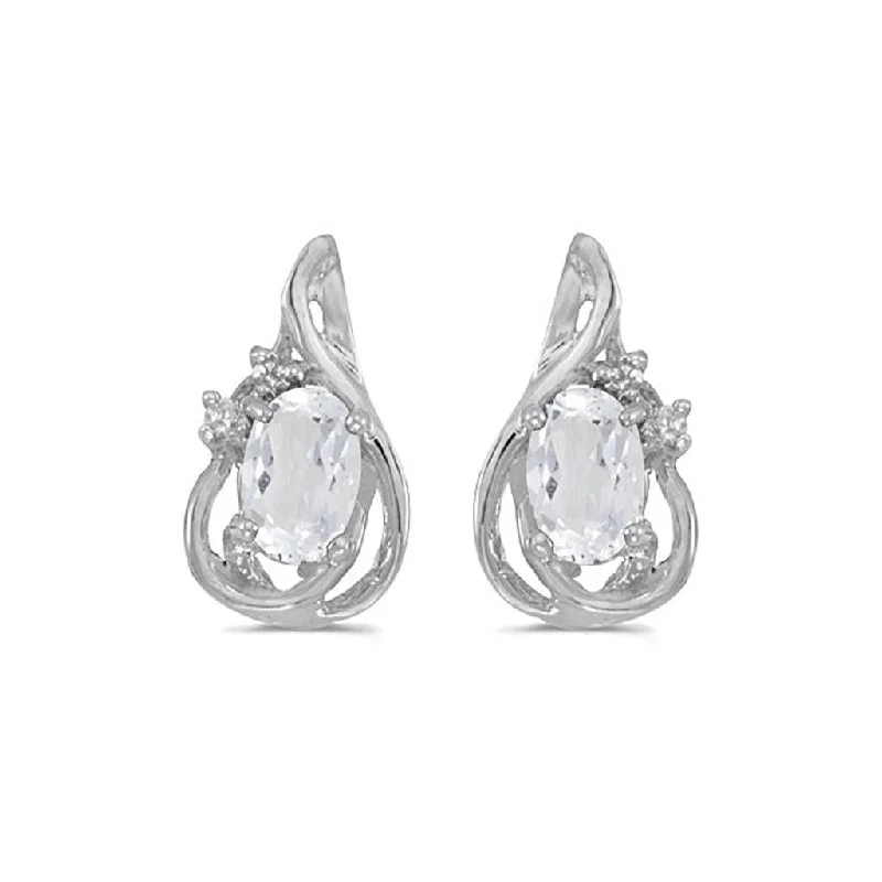 14k White Gold Oval White Topaz And Diamond Teardrop Earrings