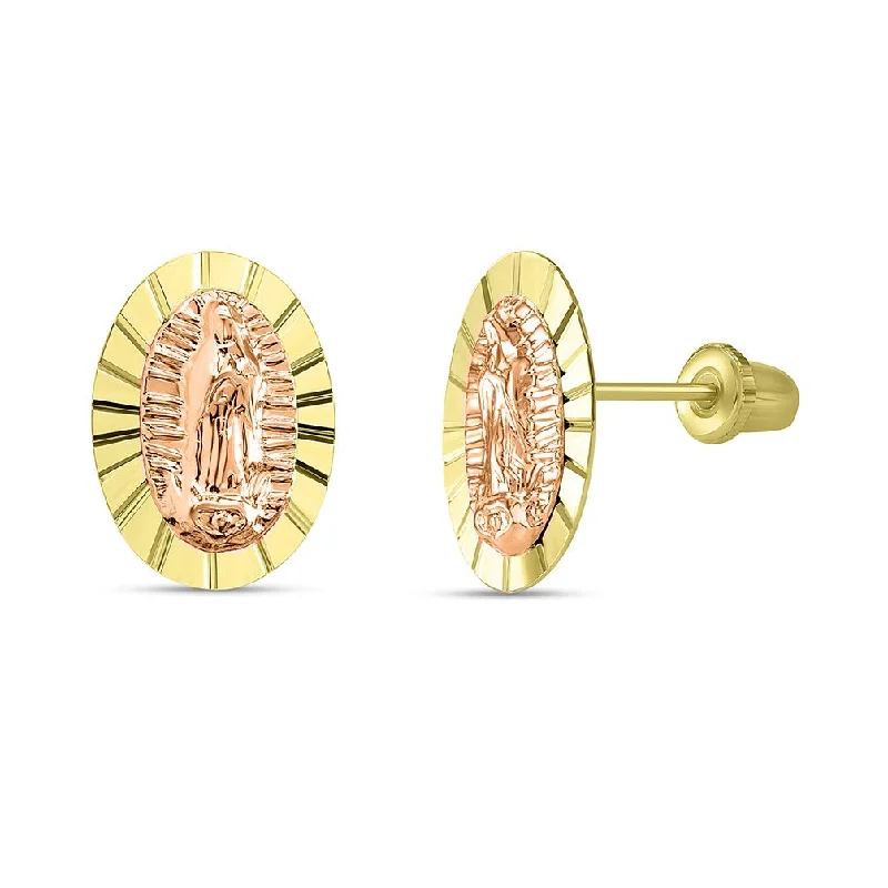 14k Yellow and Rose Gold Textured Oval Our Lady Of Guadalupe Stud Earrings with Screw Back