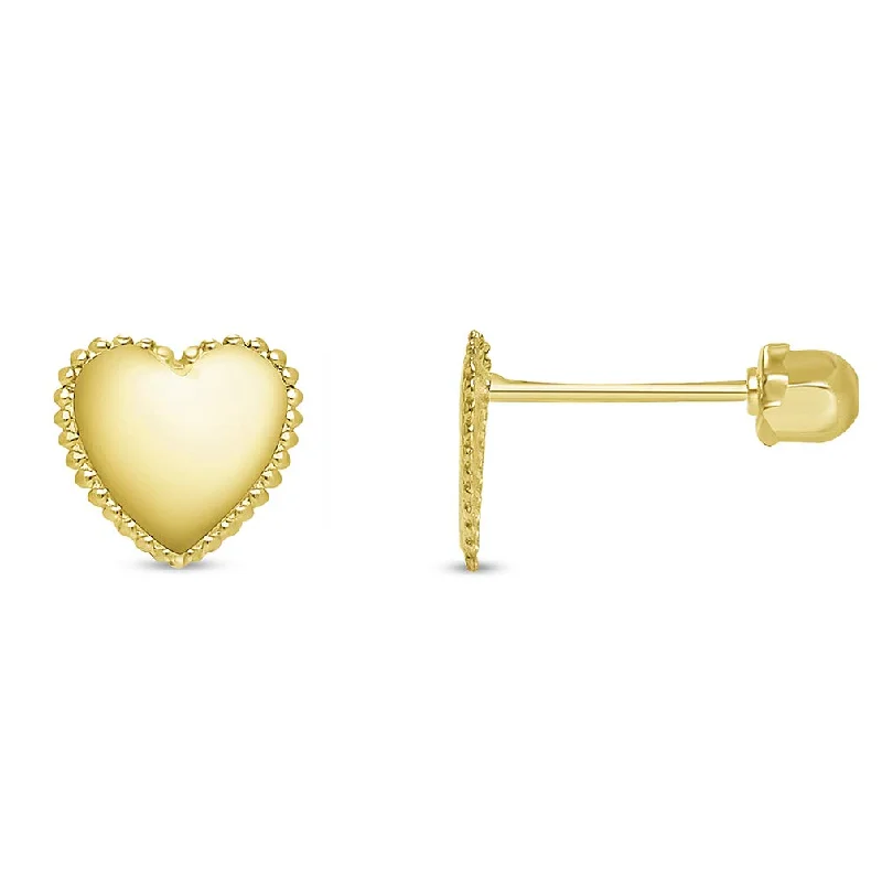 14k Yellow Gold Beaded Heart Stud Love Earrings with Screw Back