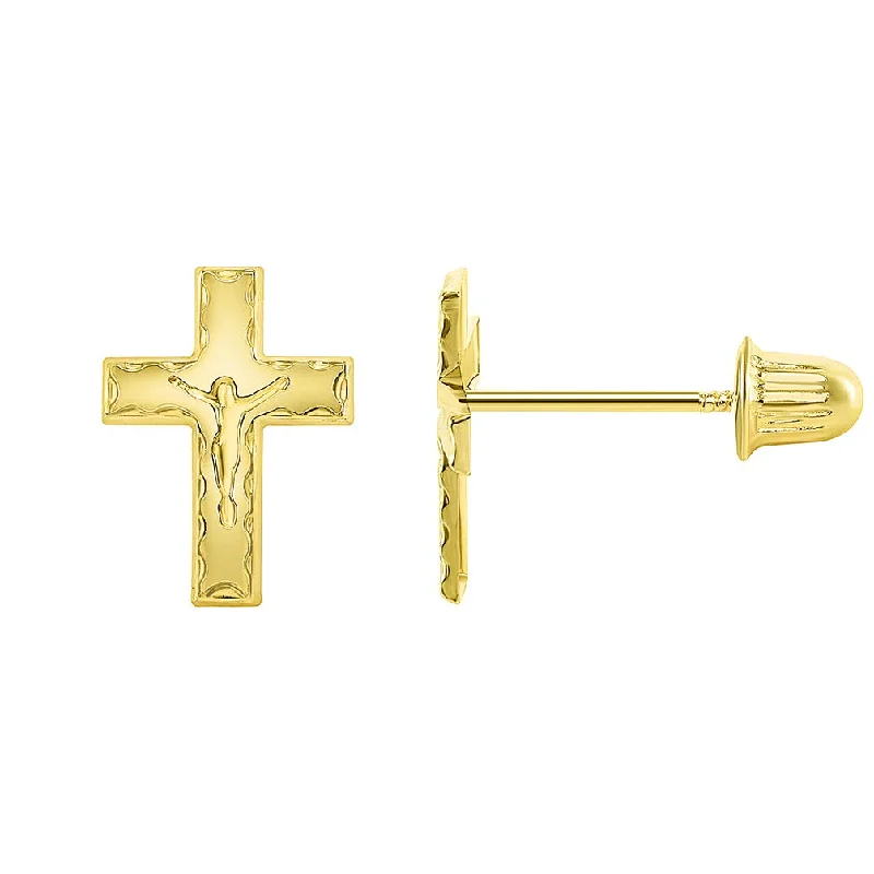 14k Yellow Gold Christian Cross Jesus Silhouette Crucifix Stud Earrings with Screw Back