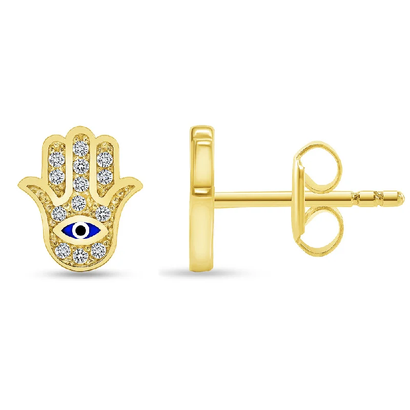 14k Yellow Gold Cubic-Zirconia Hamsa Hand of Fatima with Evil Eye Stud Earrings with Screw Back, 9mm