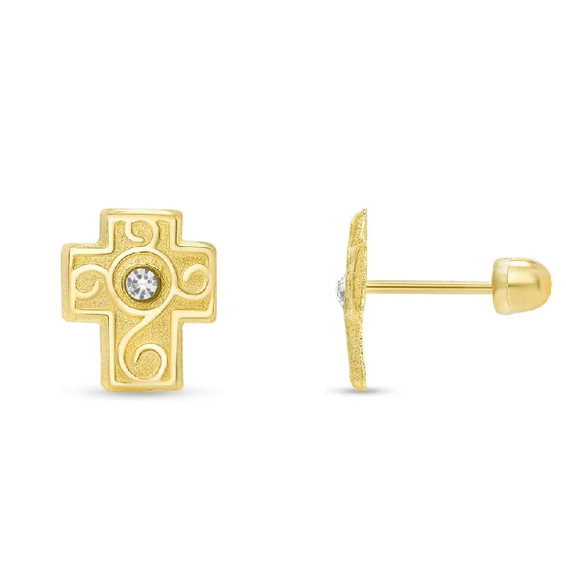 14k Yellow Gold Cubic-Zirconia Religious Ornate Latin Cross Stud Earrings with Screw Back