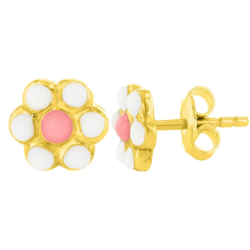 14k Yellow Gold Daisy Flower Stud Earrings with Pink & White Enamel