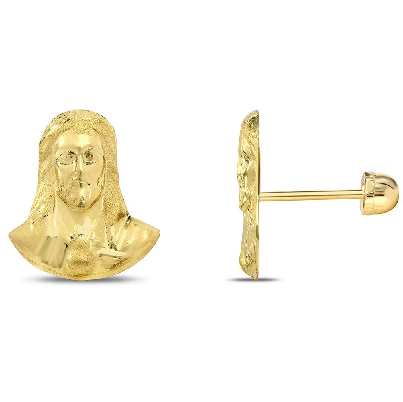 14k Yellow Gold Face of Jesus Christ Sacred Heart Stud Earrings with Screw Back