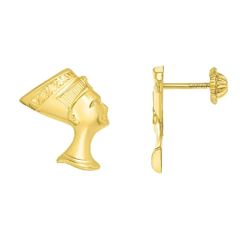 14k Yellow Gold Head of Egyptian Queen Nefertiti Studs Earrings with Closed Safety Screw Back