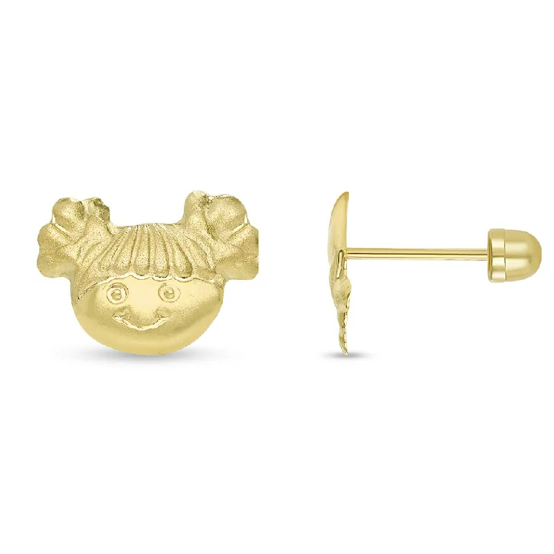 14k Yellow Gold Little Girl Smiling Stud Love Earrings with Screw Back