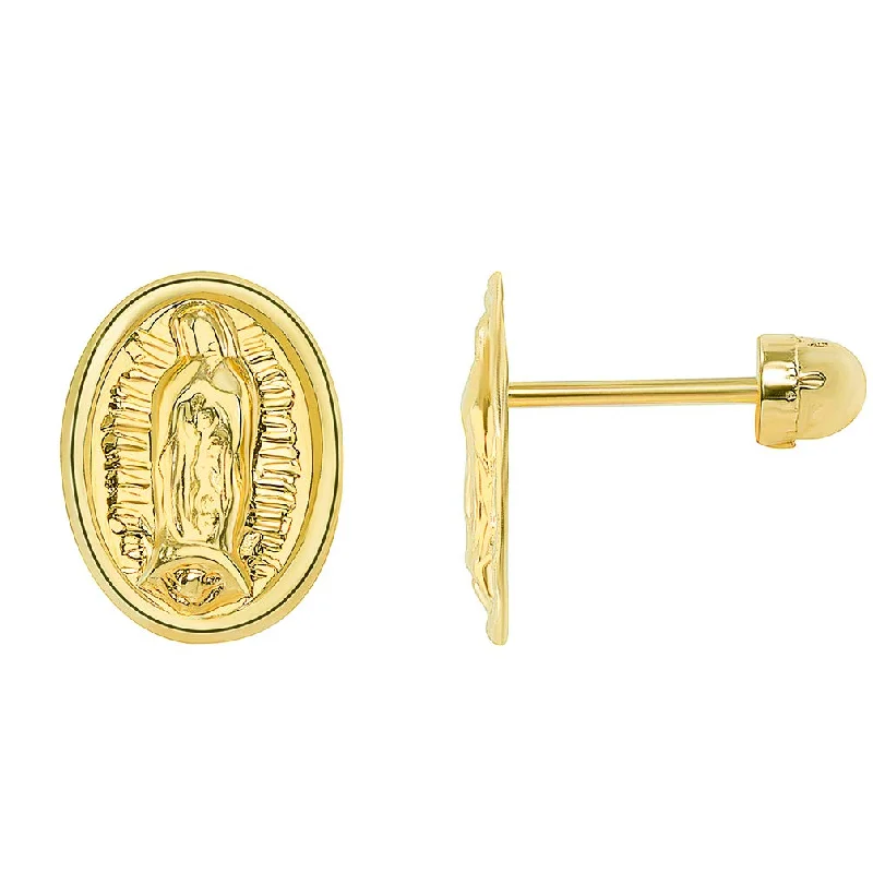 14k Yellow Gold Oval Our Lady Of Guadalupe Stud Earrings with Screw Back