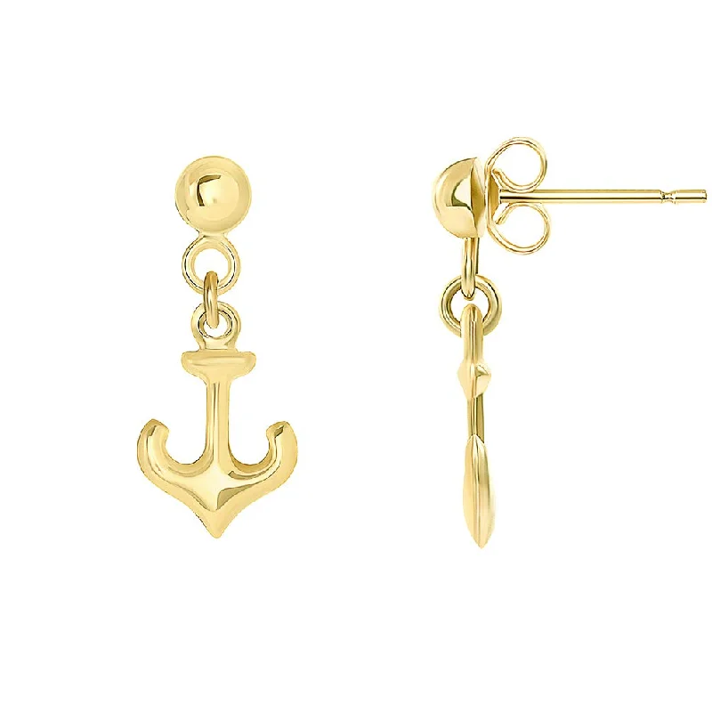 14k Yellow Gold Polished Navy Anchor Dangle Studs Earrings with Friction Back