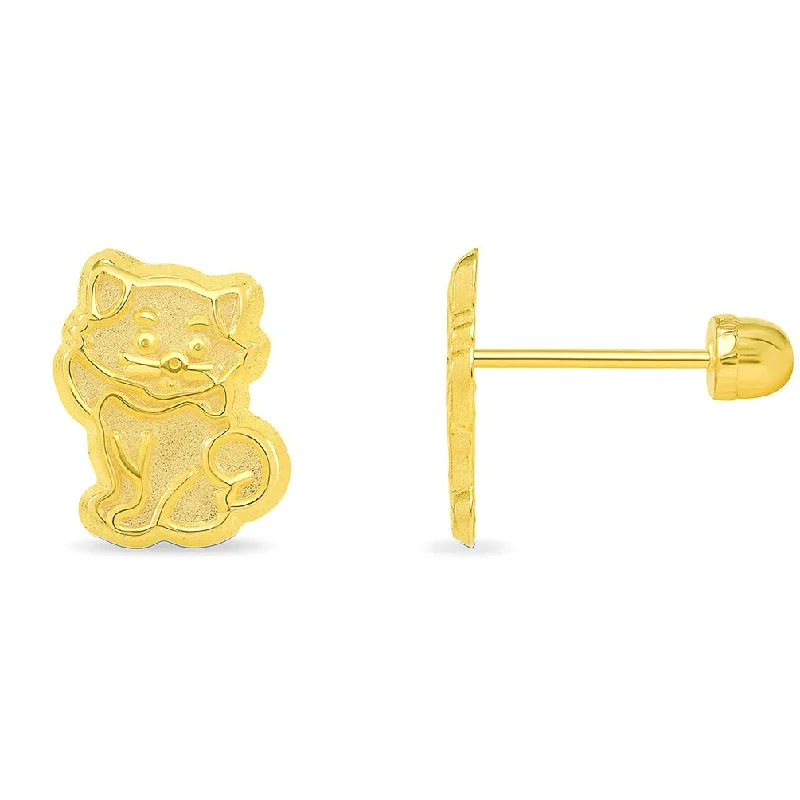 14k Yellow Gold Well Detailed Cat Kitten Stud Earrings with Screw Back