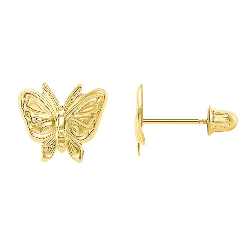 14k Yellow Gold Well Detailed Mini Butterfly Stud Earrings with Screw Back