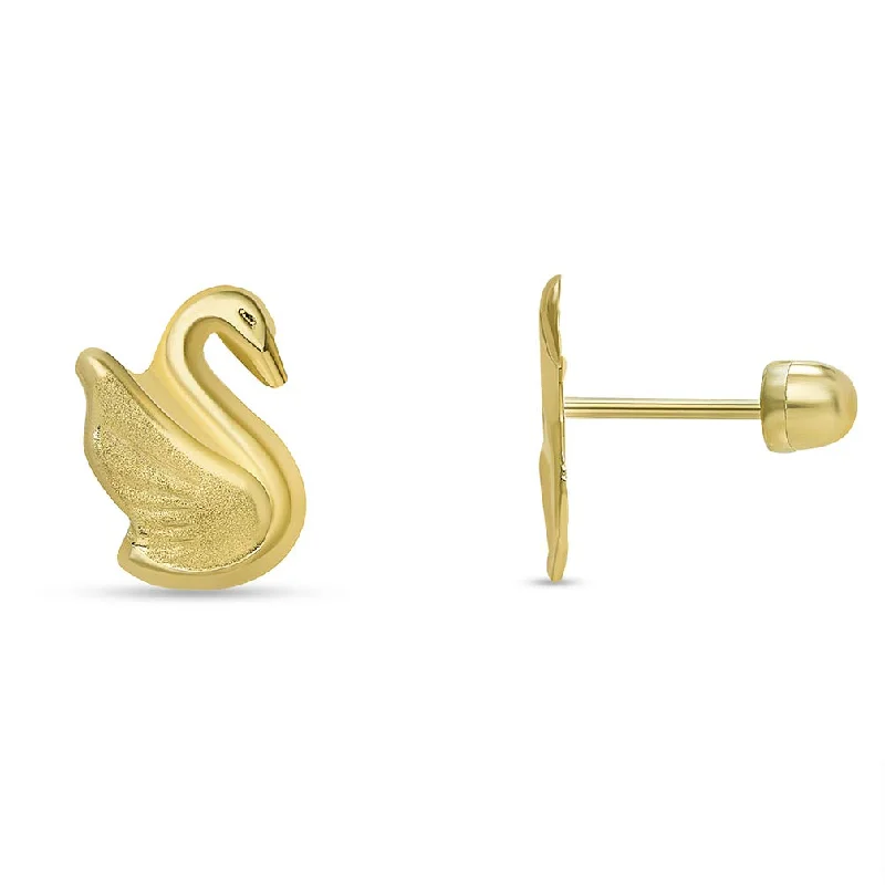 14k Yellow Gold Well Detailed Swan Stud Earrings with Screw Back