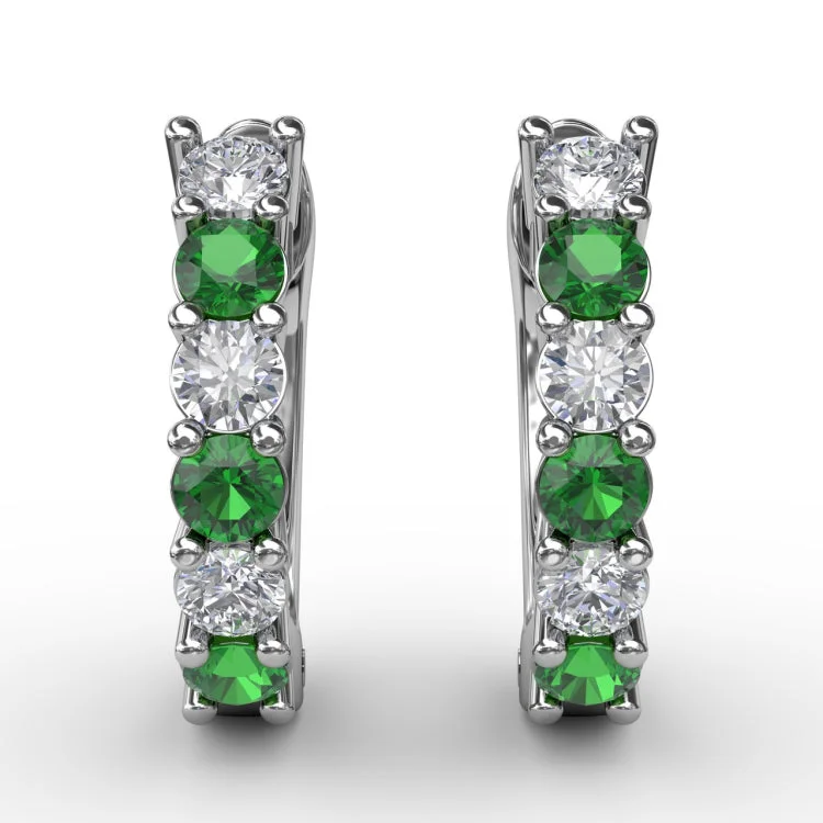 Shared Prong Emerald And Diamond Hoop Earrings