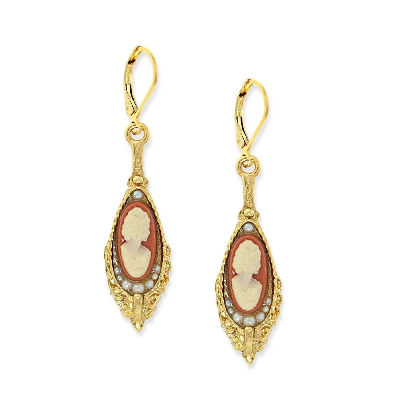 1928 Jewelry Faux Pearl Carnelian Cameo Chandelier Teardrop Earrings