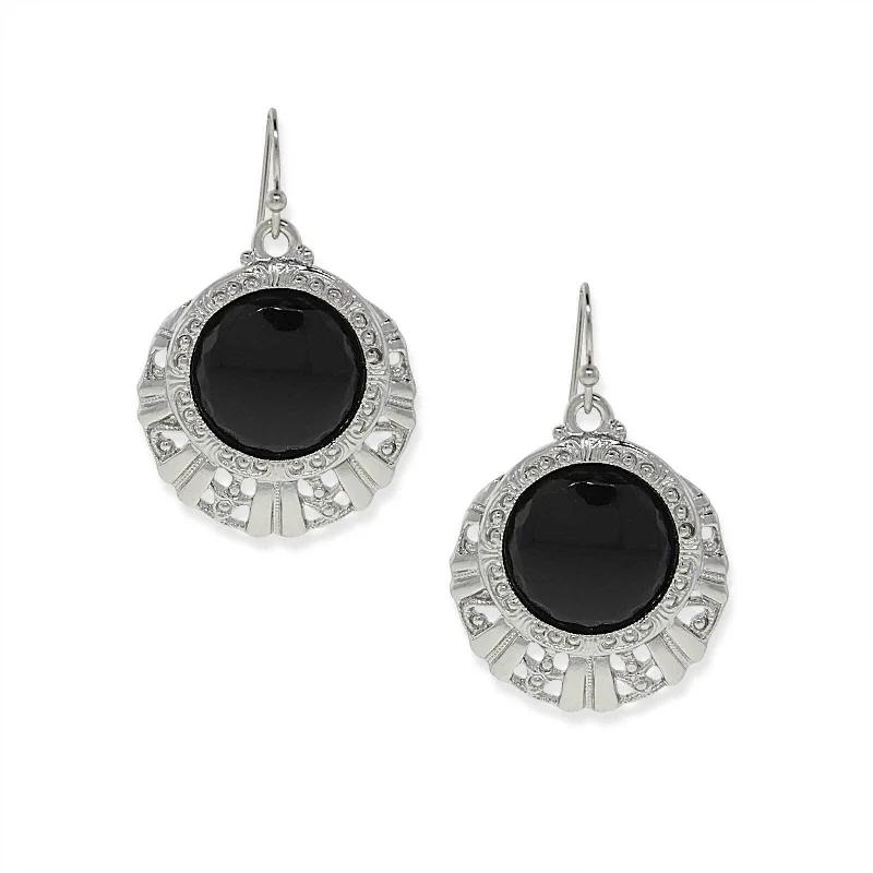 1928 Jewelry Black Round Stone Textured Drop Earrings