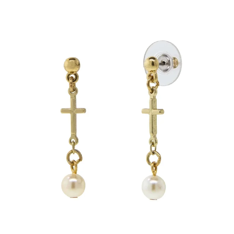 Symbols Of Faith Cross Drop White Faux Pearl Dangle Earrings