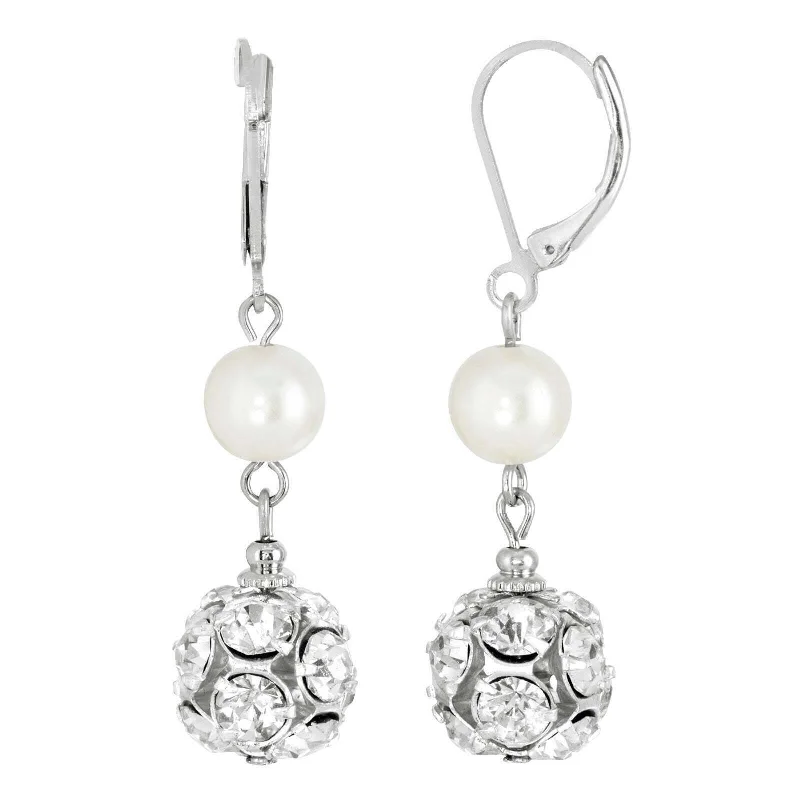 1928 Jewelry Crystal Clear Fireball White Faux Pearl Drop Earrings