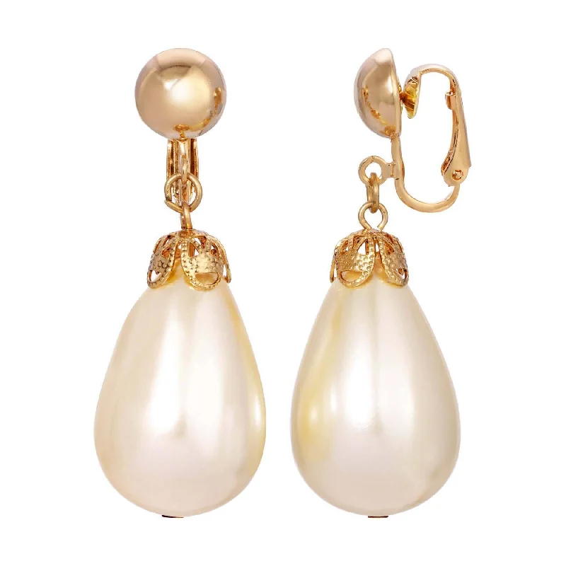 1928 Jewelry Faux Pearl Teardrop Clip On Earrings