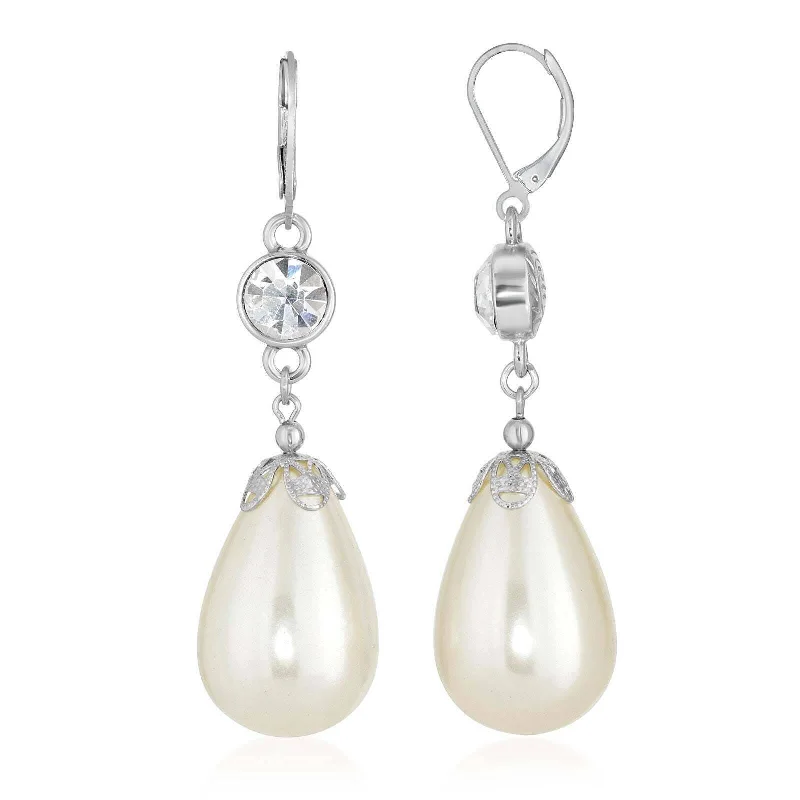 1928 Jewelry Large Teardrop Faux Pearl And Crystal Drop Earrings