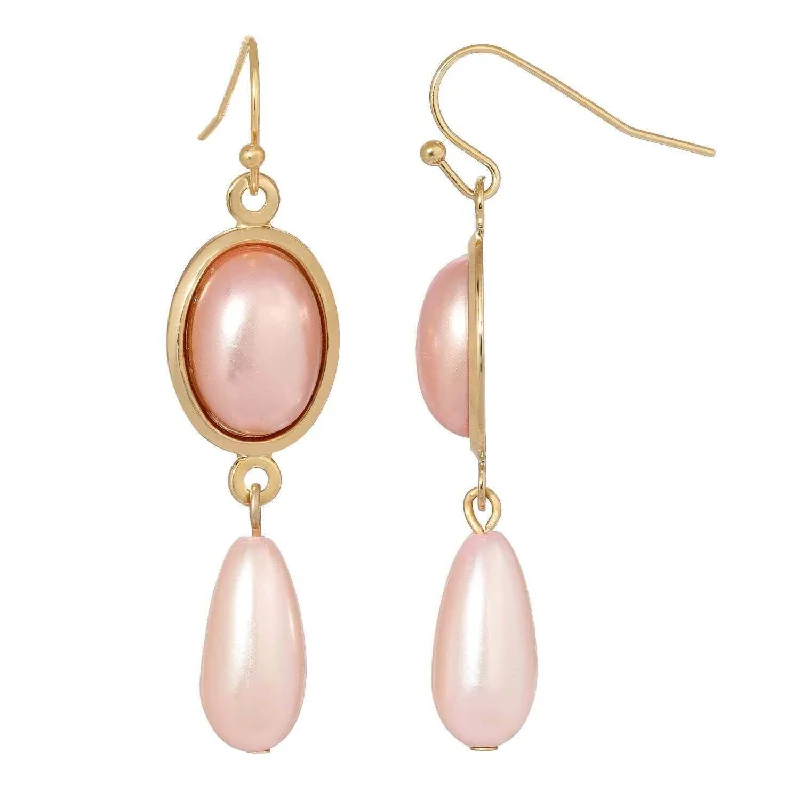 1928 Jewelry Rosabella Oval Raspberry Stone & Pink Teardrop Faux Pearl Drop Earrings