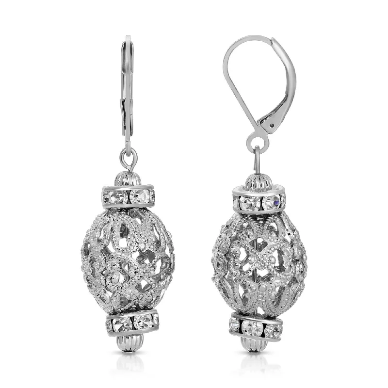 1928 Jewelry Rondelle Crystal Beaded Oval Filigree Puff Drop Earrings