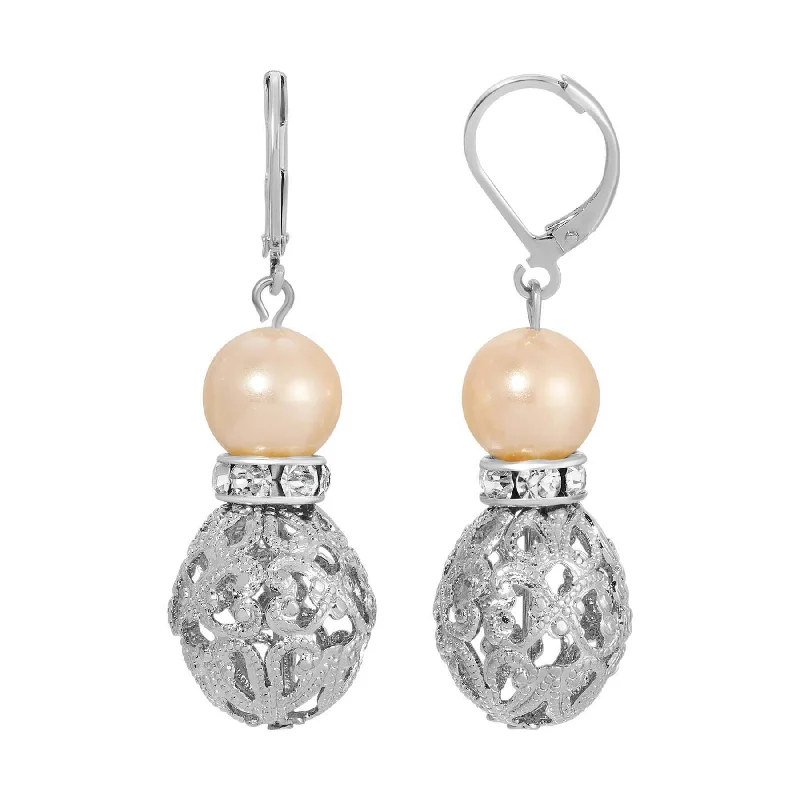 1928 Jewelry Rosabella Light Peach Faux Pearl Filigree Puff Bead Drop Earrings