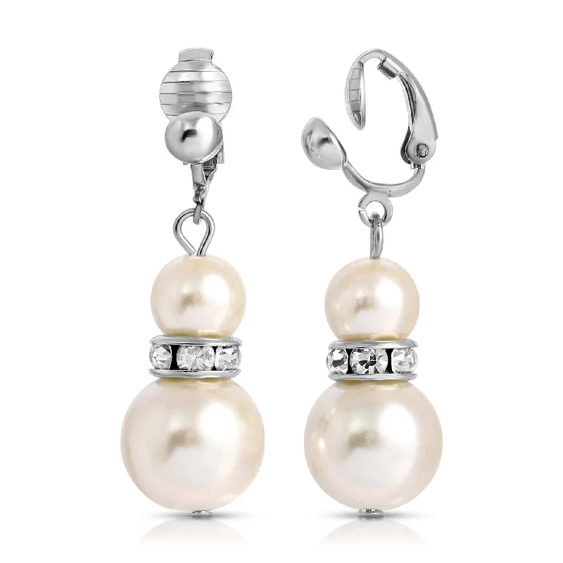 1928 Jewelry White Double Drop Faux Pearl Clip On Earrings