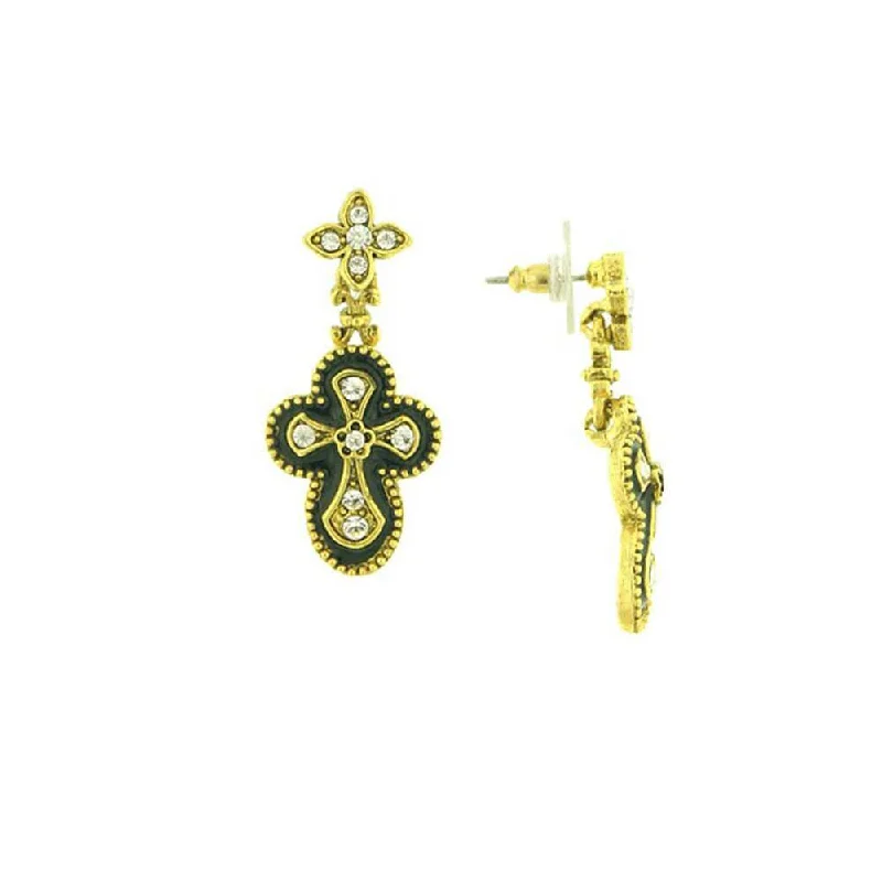 Antiquities Couture Crystal And Black Enamel Gothic Cross Drop Earrings