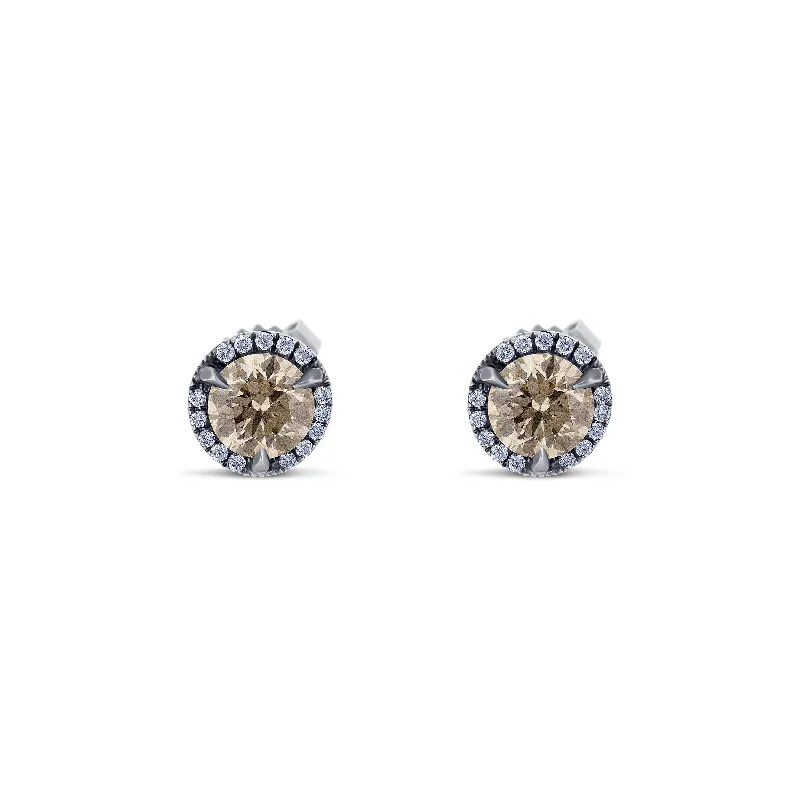 Black Rhodium-Plated 18K White Gold Medium Round Brilliant-Cut Champagne Diamond White Diamond Halo Studs