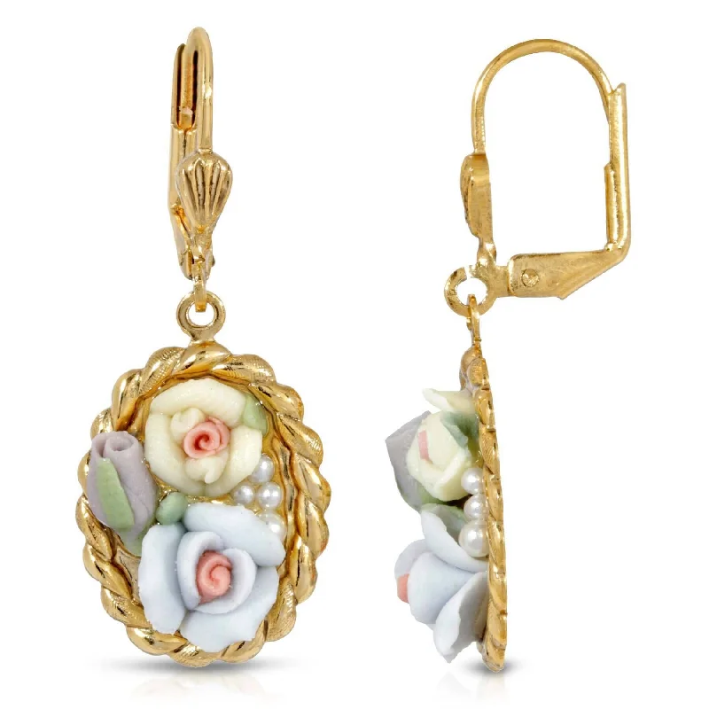 1928 Jewelry Multicolor Porcelain Rose Faux Pearl Drop Earrings