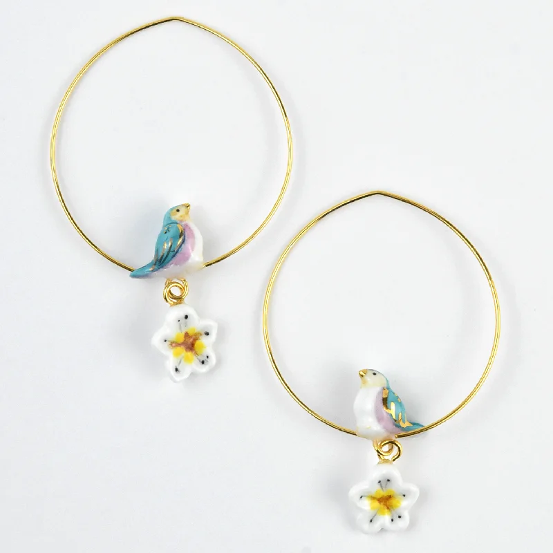 Bluebird and Flower Dangle Hoops