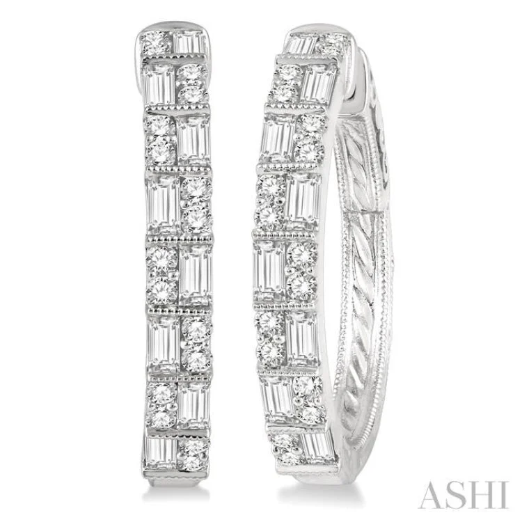 1 ctw Basket Weave Baguette and Round Cut Diamond Hoop Earrings in 14K White Gold