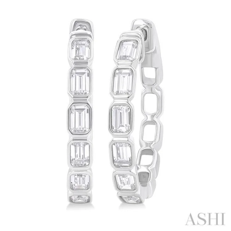 1.00 Ctw Bezel Set Emerald Cut Diamond Fashion Hoop Earring in 14K White Gold