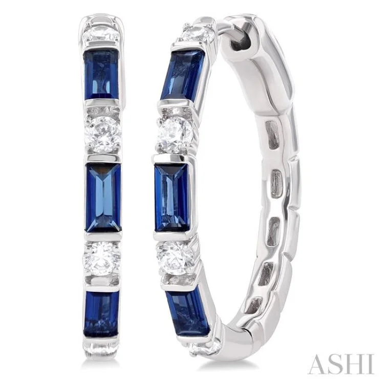 1/3 ctw Art Deco 4X2 MM Baguette Cut Sapphire and Round Cut Diamond Precious Hoop Earring in 14K White Gold