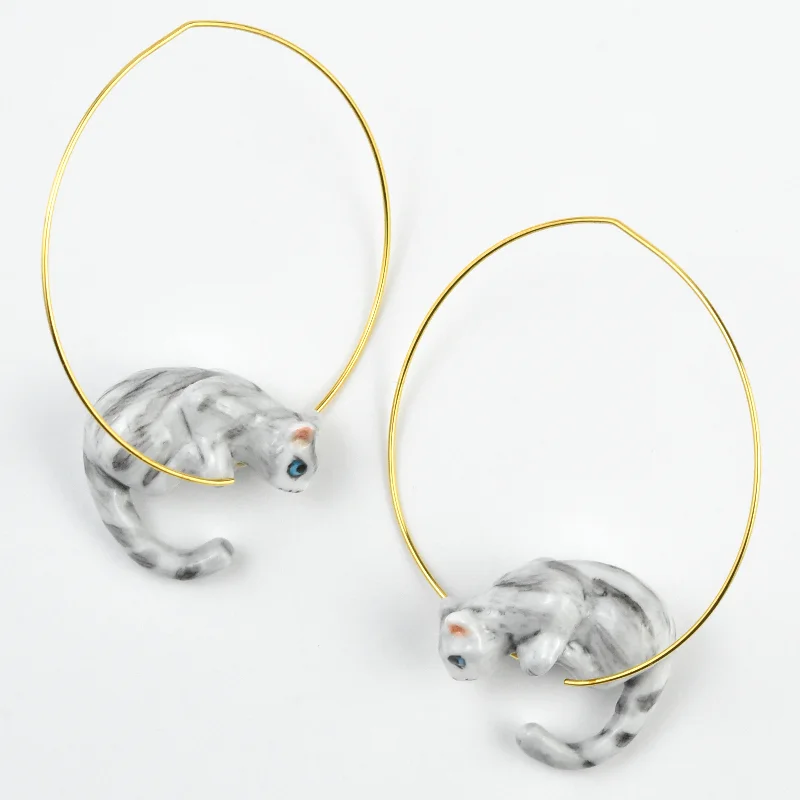 Grey Tabby Cat Hoop Earrings