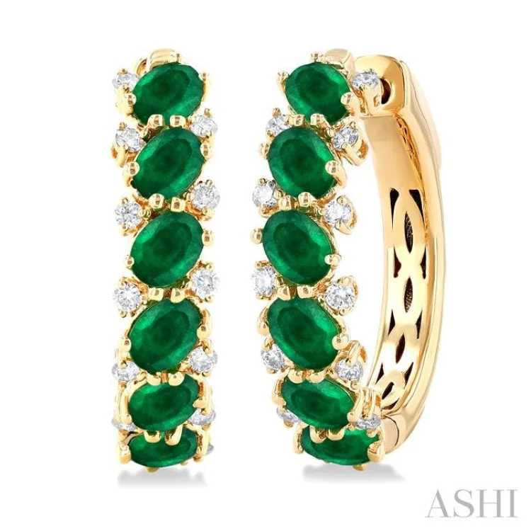 1/4 Ctw Oval Cut 4X3 MM Emerald and Round Cut Diamond Precious Hoop Earring in 14K Yellow Gold