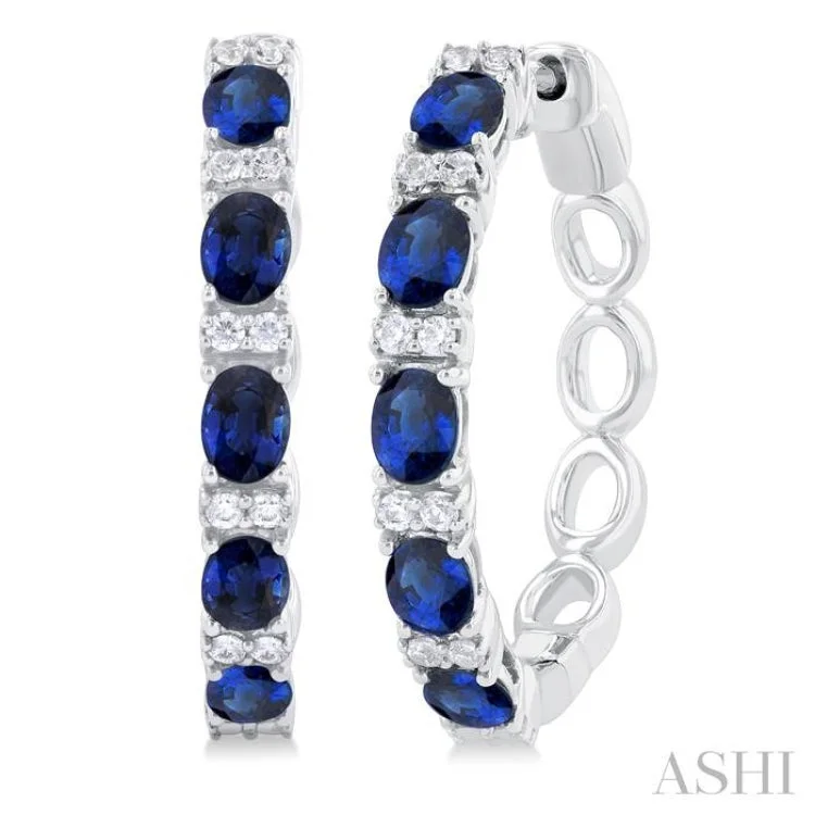 1/4 ctw Oval Cut 4X3 MM Sapphire and Round Cut Diamond Precious Hoop Earring in 14K White Gold