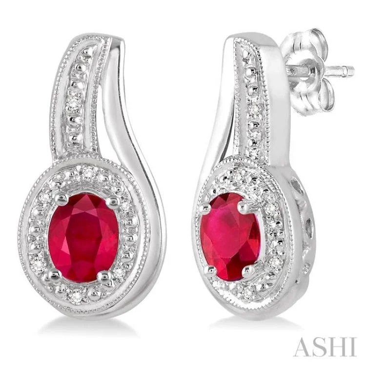 5x3 MM Oval Cut Ruby and 1/50 Ctw Round Cut Diamond Earrings in Sterling Silver