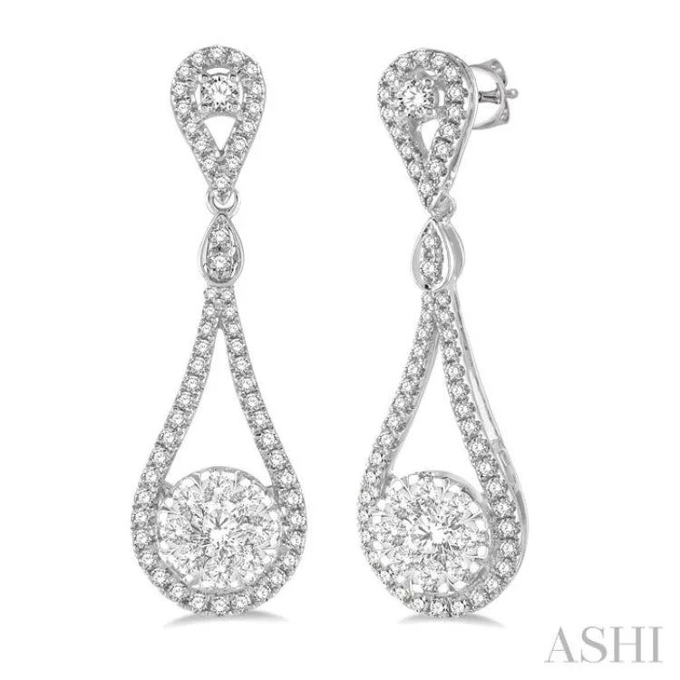 1 Ctw Loop Dangler Round Cut Diamond Lovebright Hanging Earrings in 14K White Gold